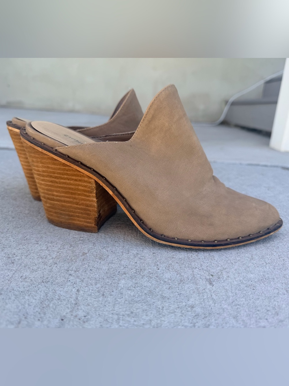 Chinese Laundry Taupe Suede Block Heel Mules